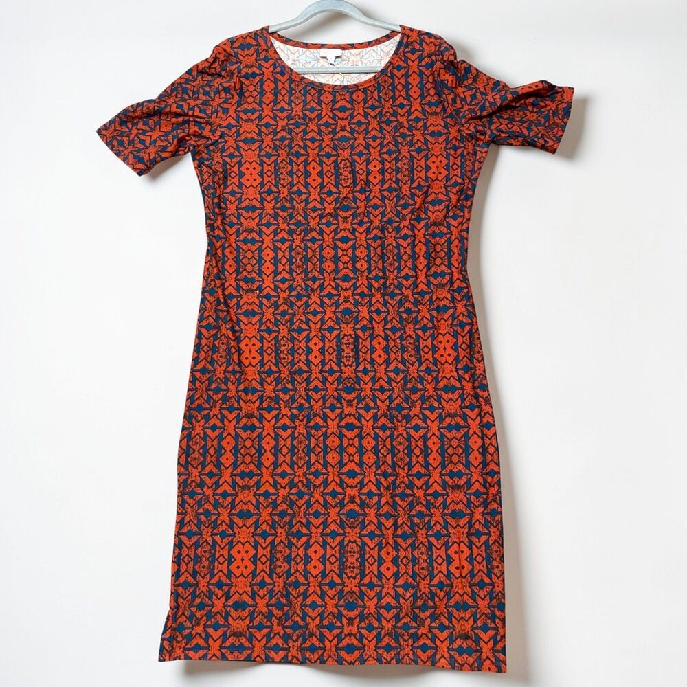 LuLaRoe Julia Dress XL NWT T-Shirt Midi Bodycon Stretch Geometric Orange Navy - Picture 3 of 7